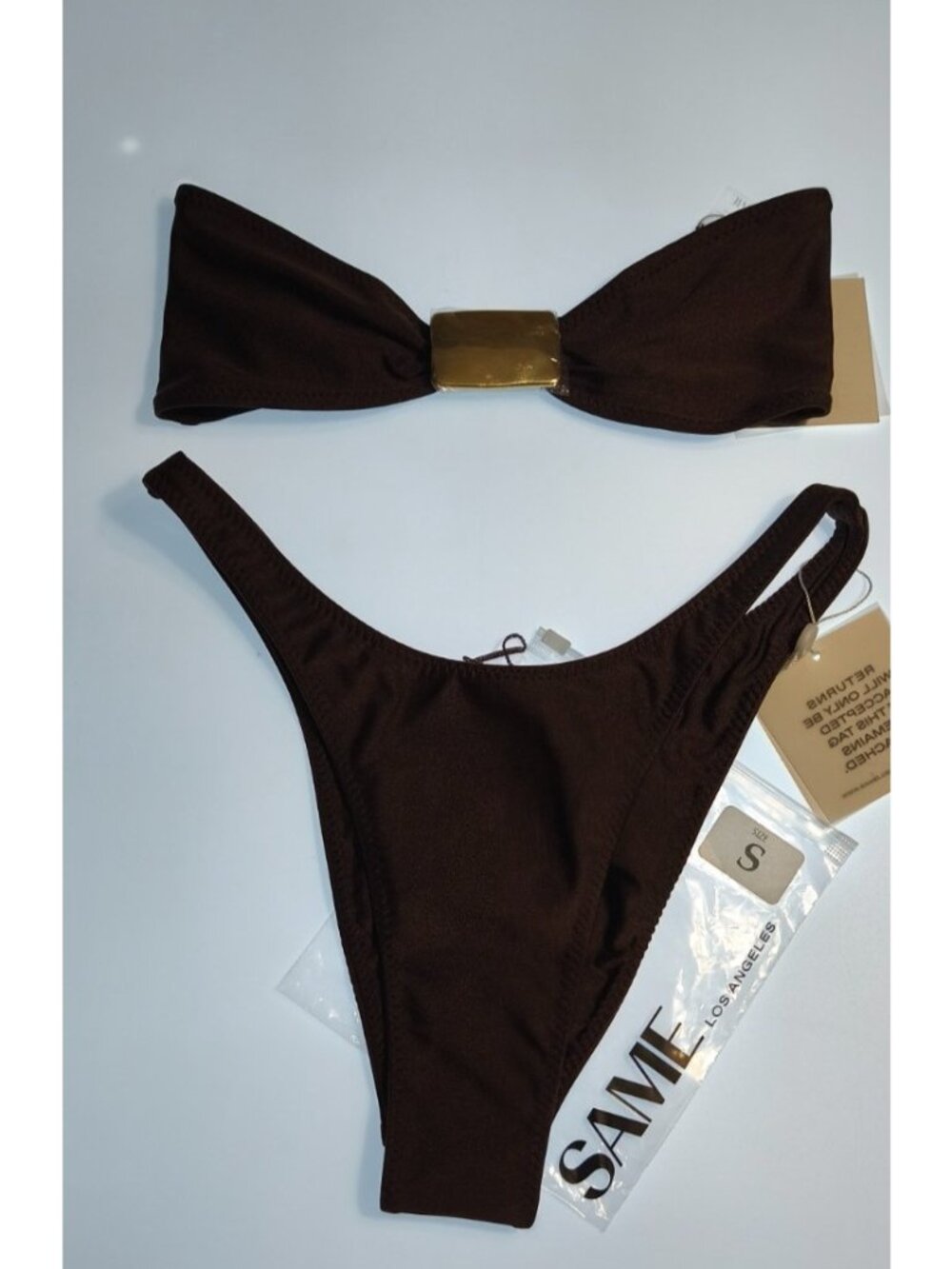 SAME Los Angeles Bandeau Bikini Set Brown Mocha S Gold Hardware Strapless NWT